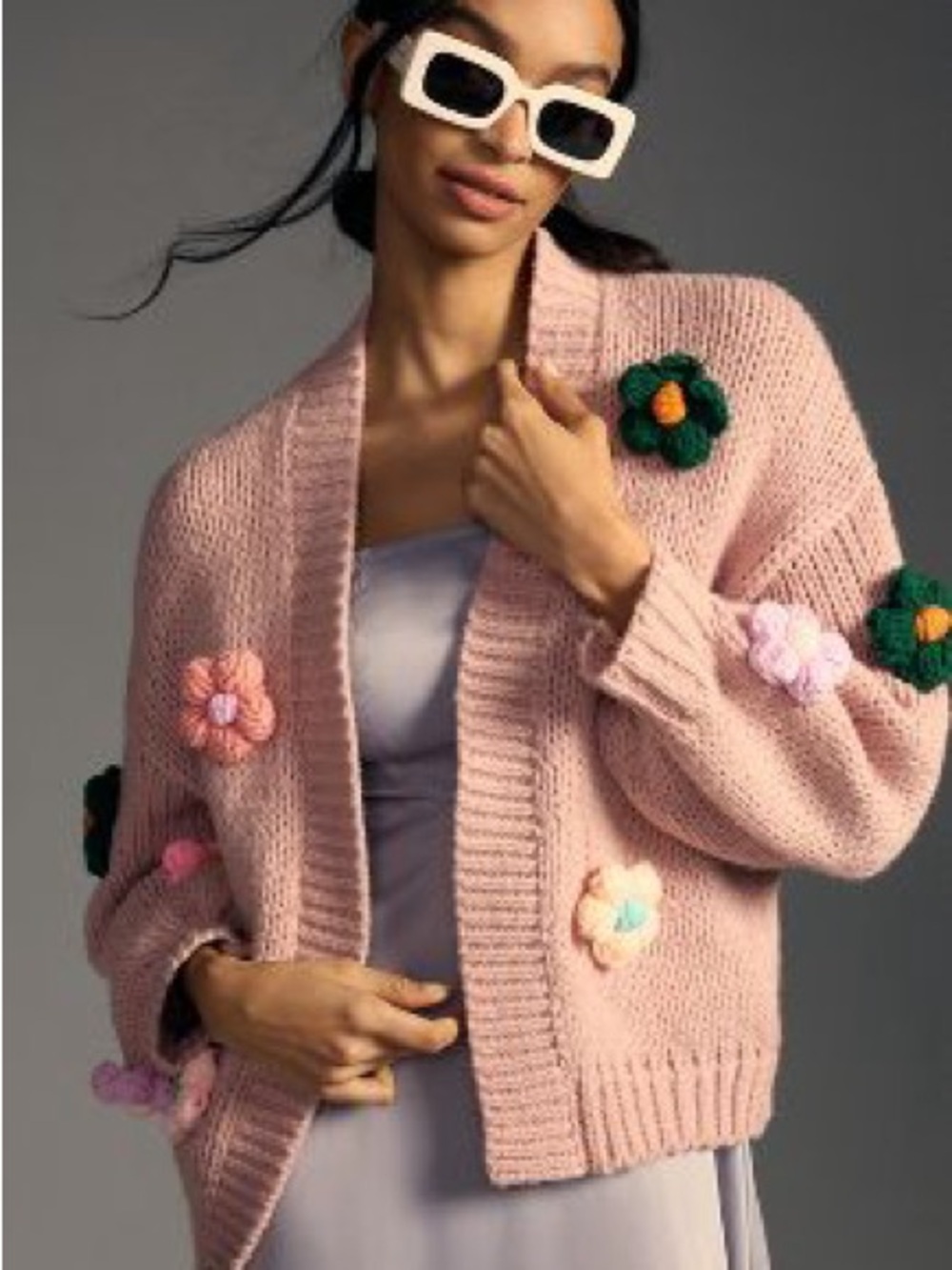 Maeve Pink Chunky Knit Cardigan with Floral Appliqués